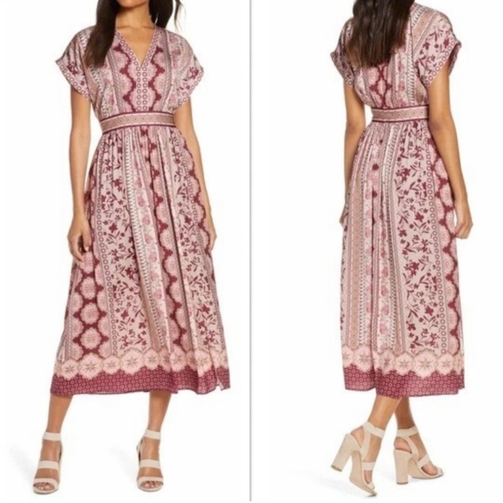 Gal Meets Glam Collection Liza Print Charmeuse Midi Dress 0 Burgundy Tan